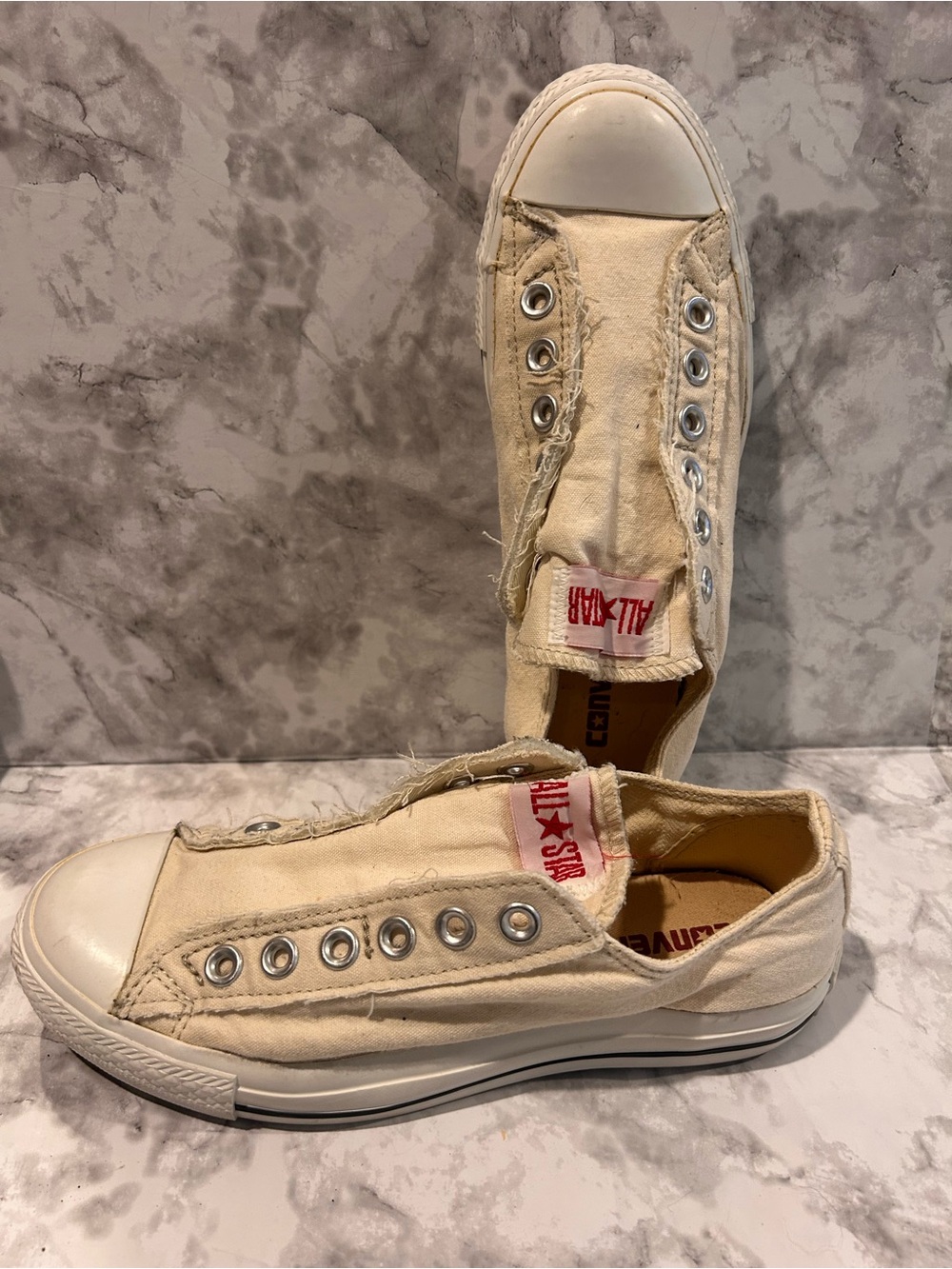 Converse Canvas Slip-On Sneakers in Off-White/Natural with Red Logo - Picture 2 of 5